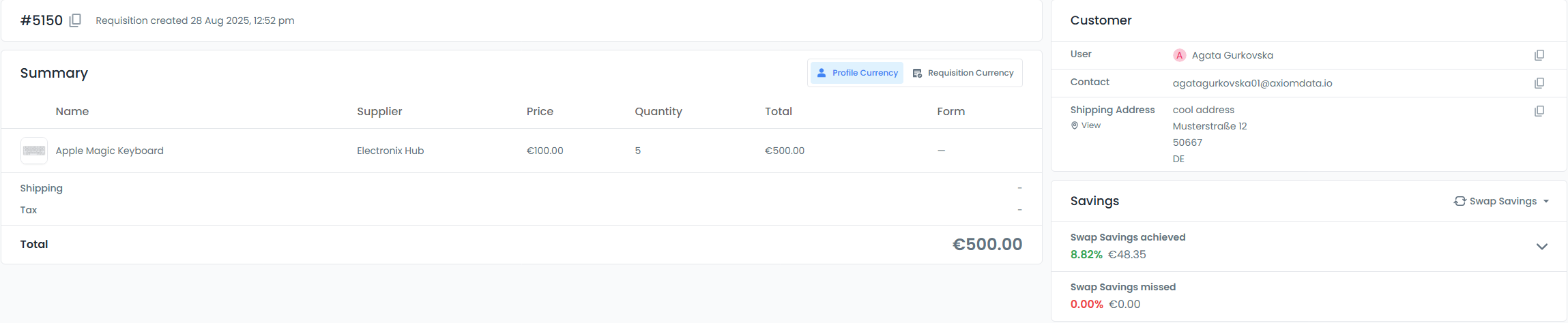 Detailed view of a requisition showing order information