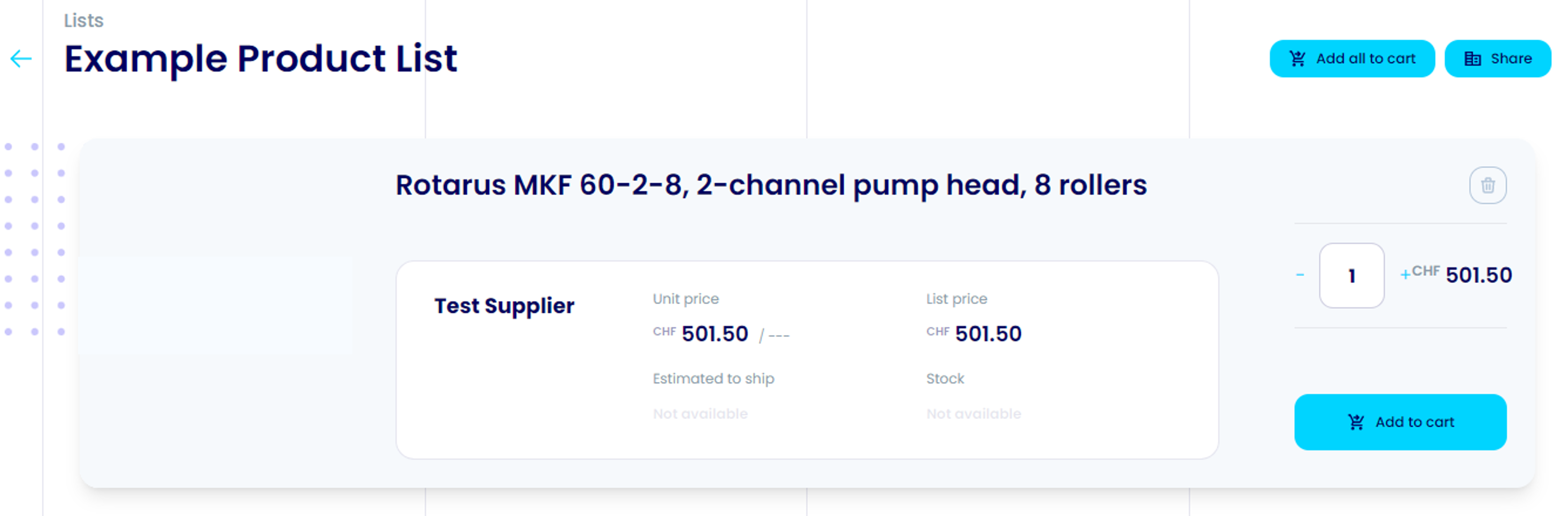 Product list details, including add all to cart and share features