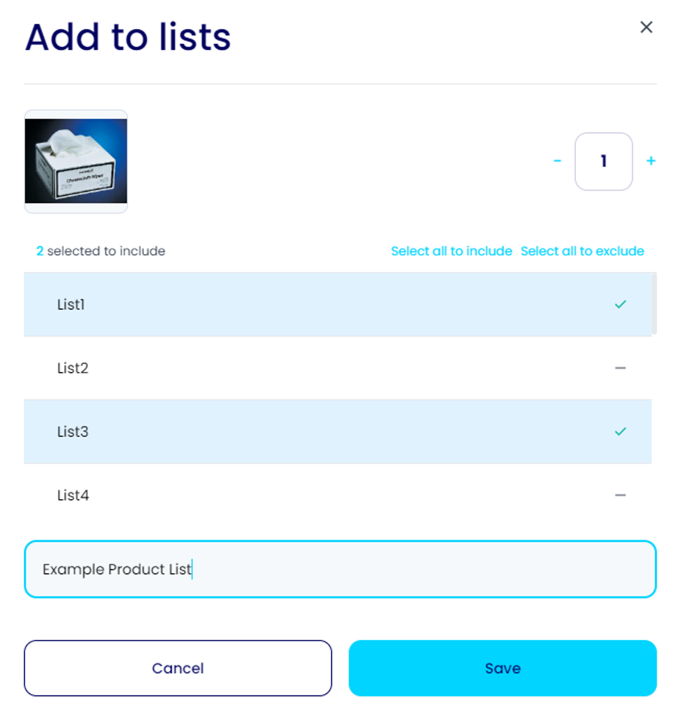 Adding product to existing lists 'List1' and 'List3', and to a new list 'Example Product List'