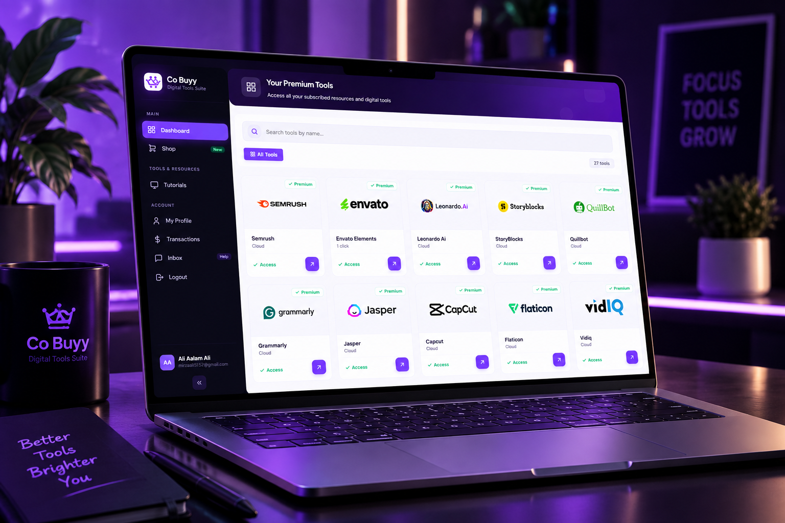Premium digital tools dashboard