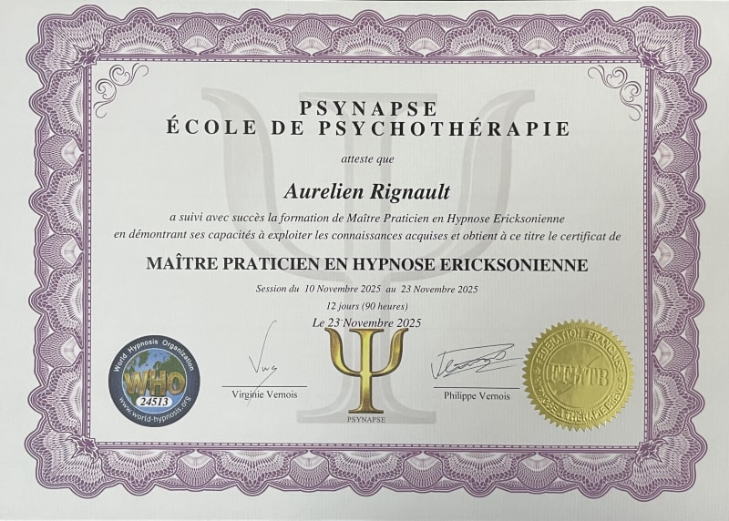 Certificat de Maître Praticien en Hypnose Ericksonienne délivré à Aurélien Rignault par l'école PSYNAPSE