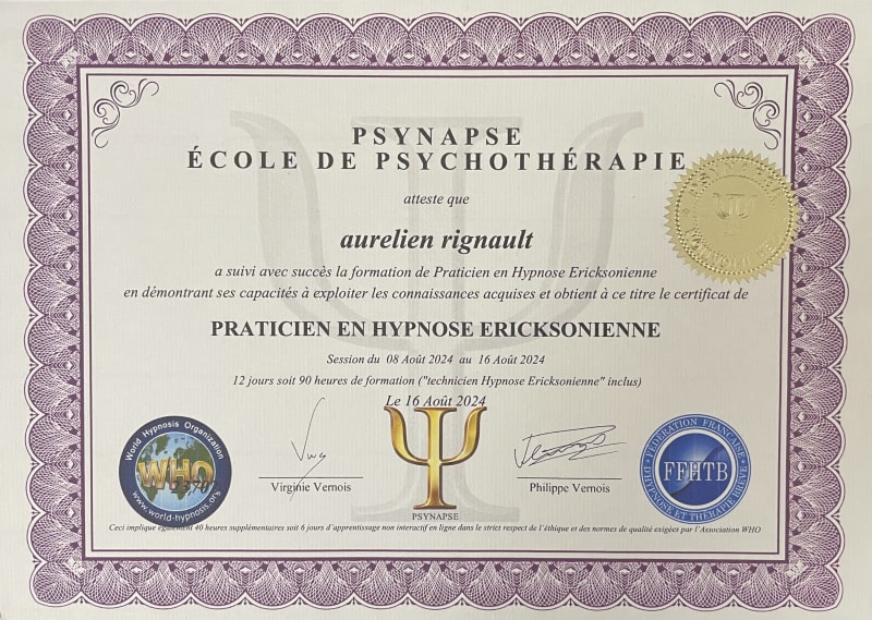 Certificat de Praticien en Hypnose Ericksonienne délivré à Aurélien Rignault par l'école PSYNAPSE
