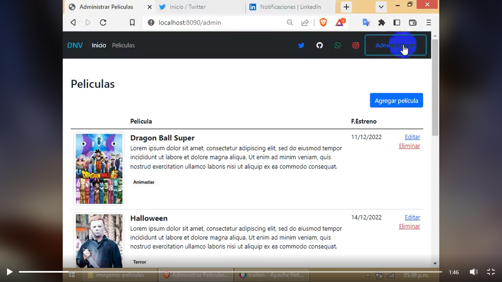 Captura de pantalla de las funcionalidades