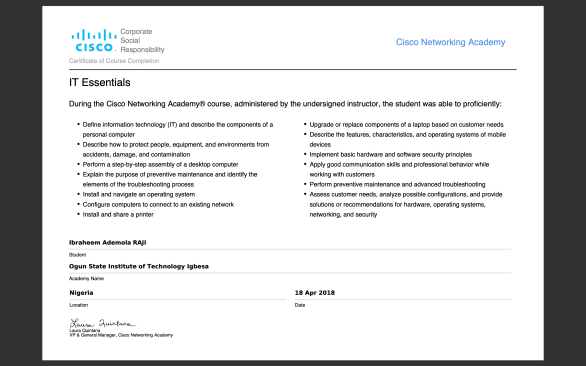CCNA: Information Technology Essentials Certificate