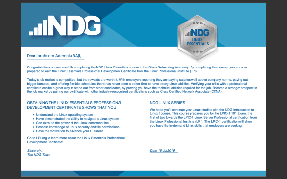 CCNA - NDG LINUX ESSENTIALS Certificate