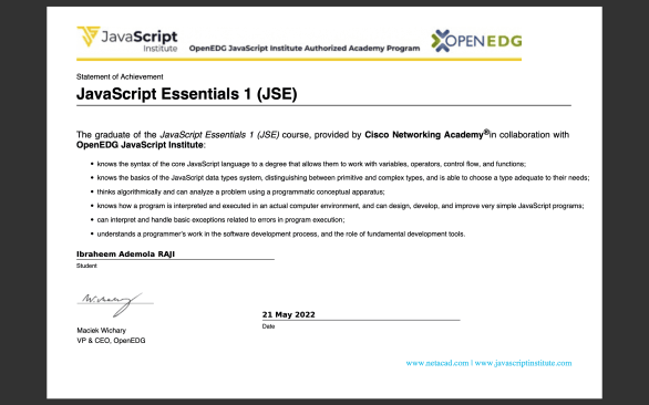 OPENEDG: Javascript Essential Certificate