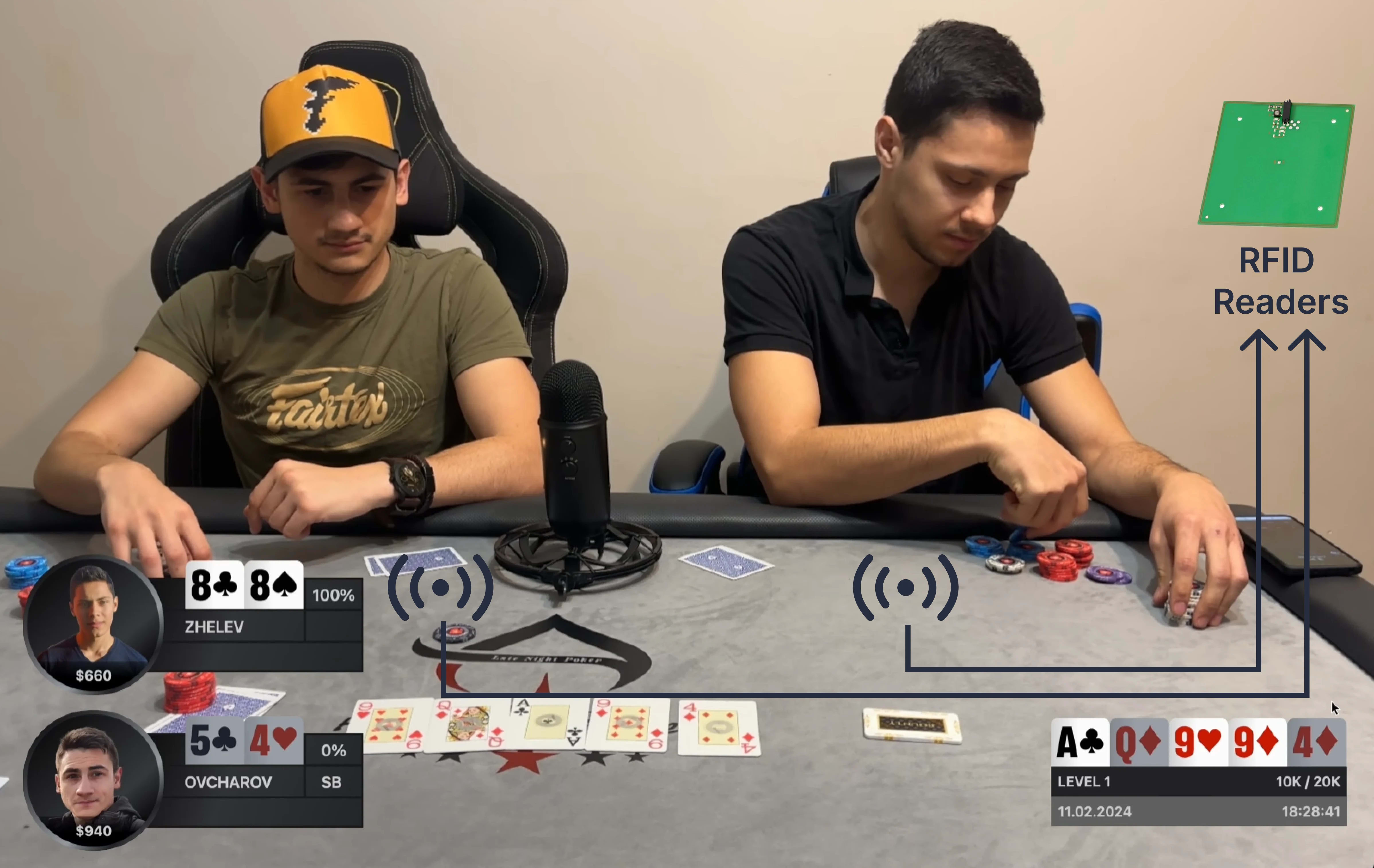 Two people playing on RFID Poker table