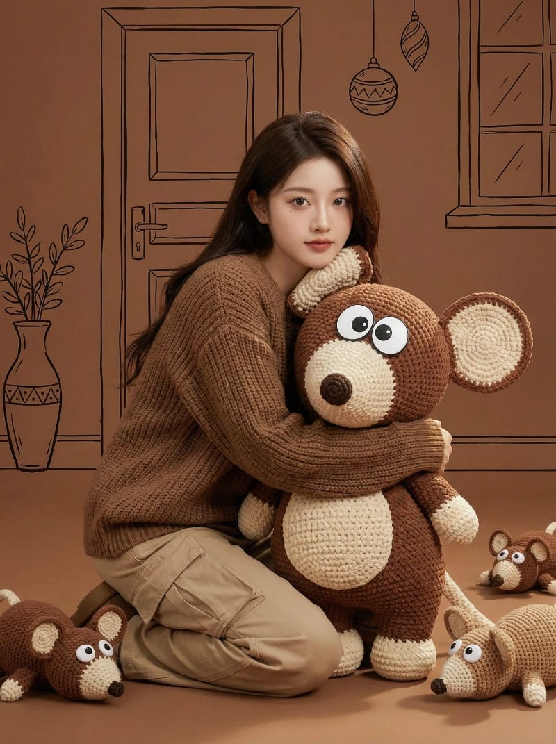 Cozy Plush Mouse Kneeling