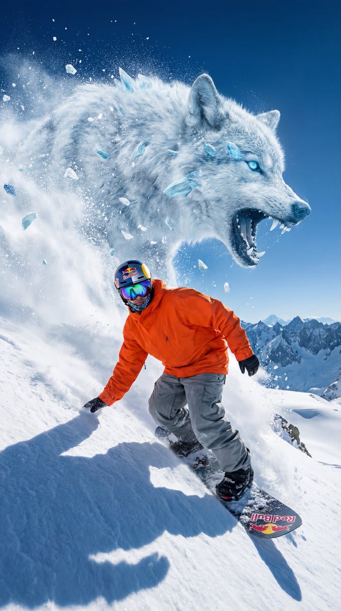 Epic Showdown: Snowboarder vs. Powder Wolf