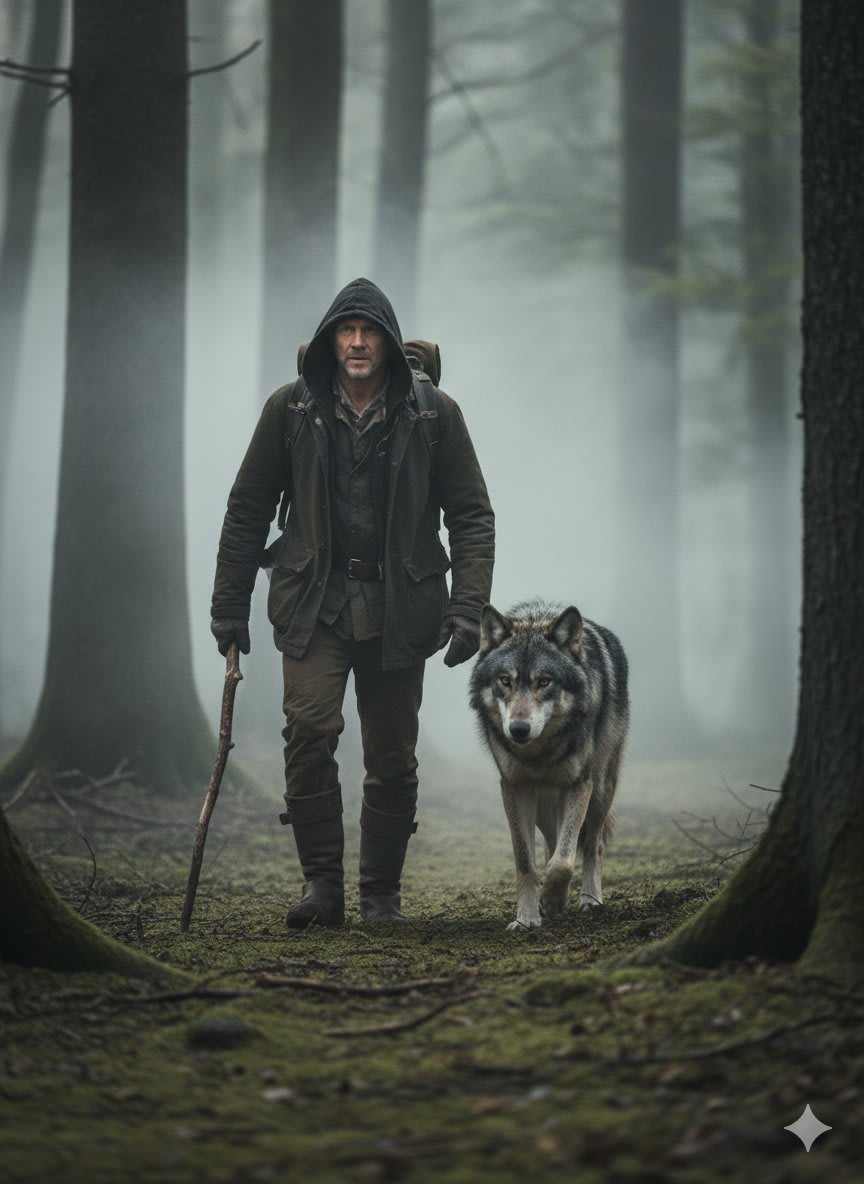 Misty Encounters: A Man and His Wolf in the Enchanted Woods