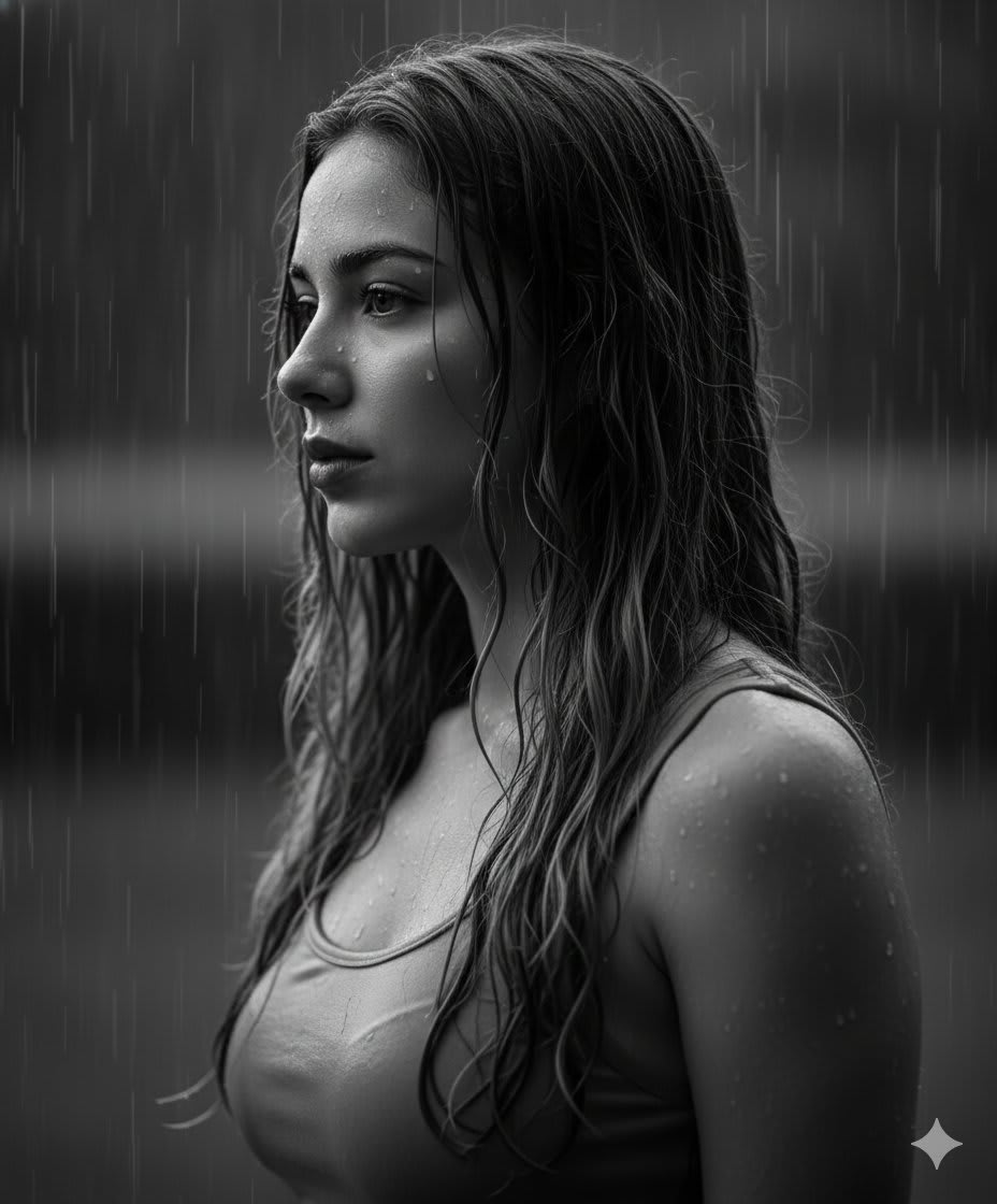 Raindrops and Reflections: A Portrait in Monochrome