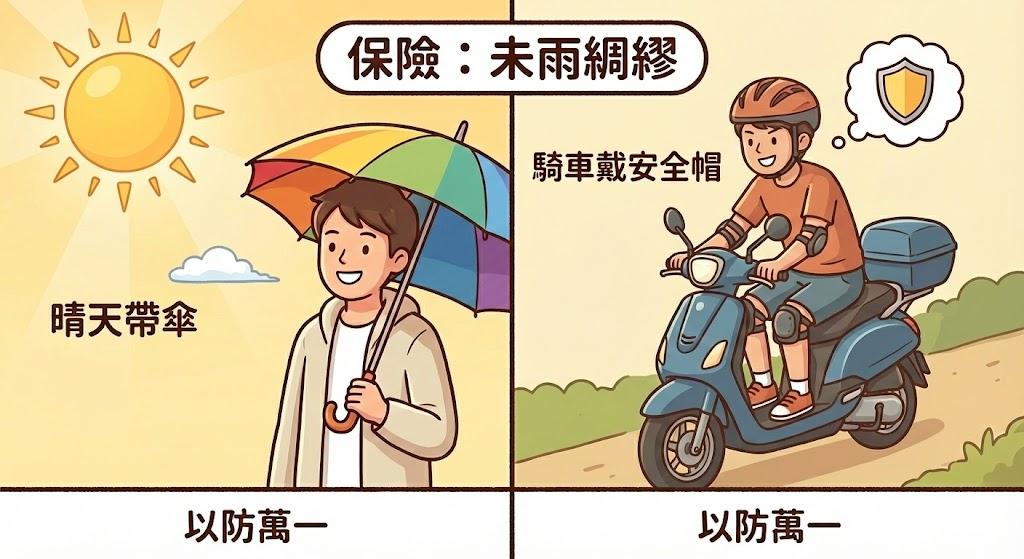 晴天帶傘與騎車戴安全帽的對照插畫，比喻保險是未雨綢繆