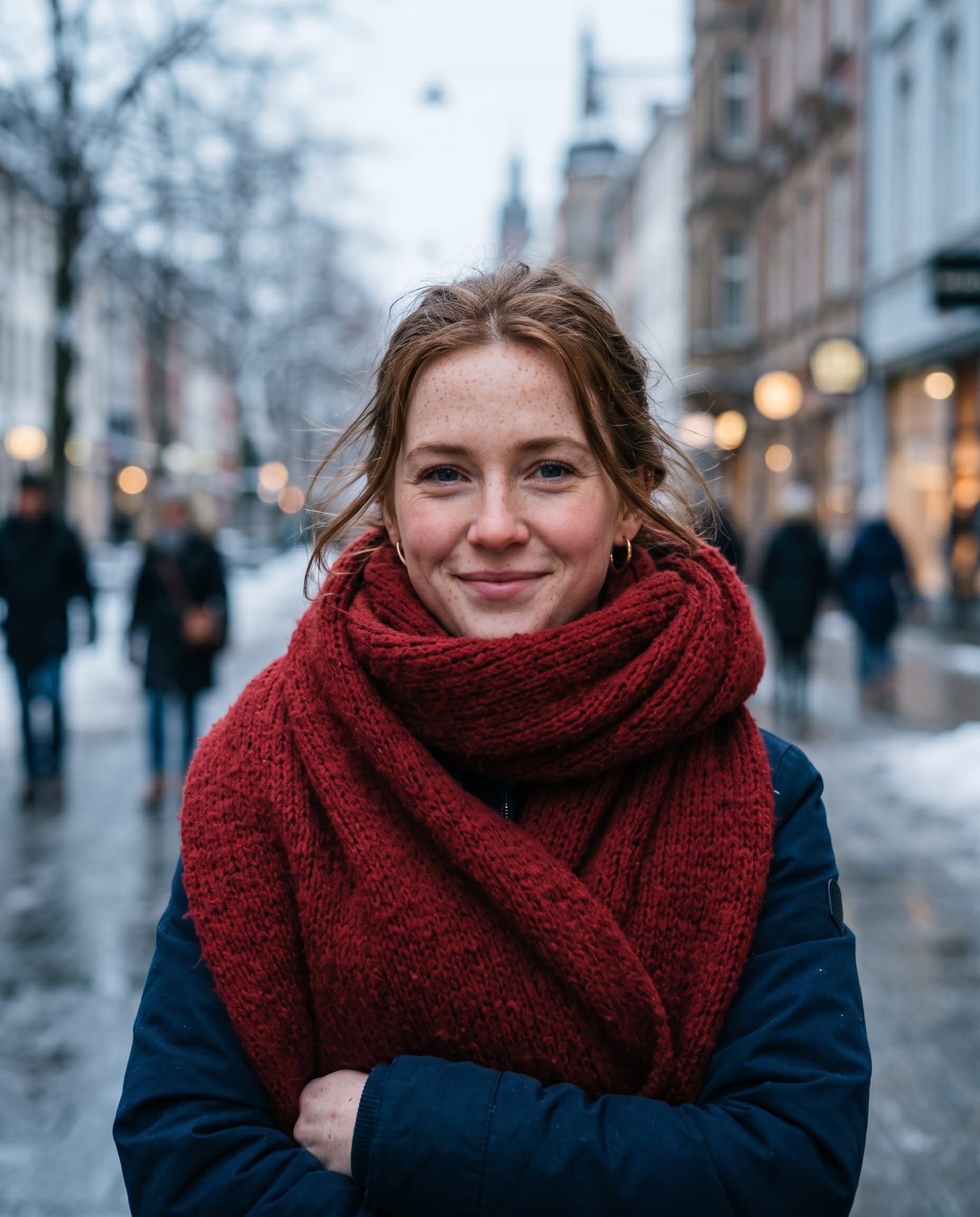 Young woman in a red scarf against a softly blurred winter street