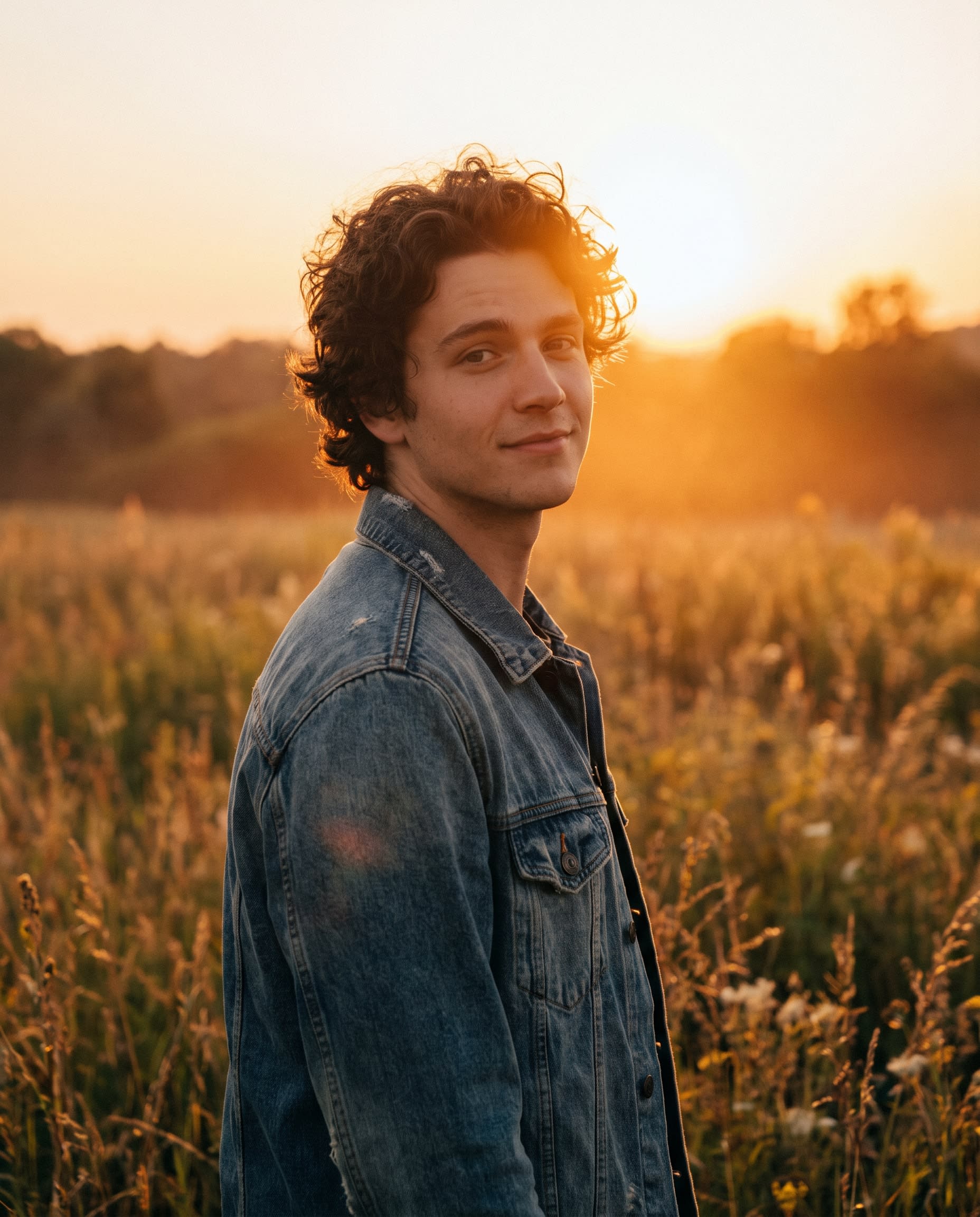 Young man with curly hair in golden sunlight in a summer field