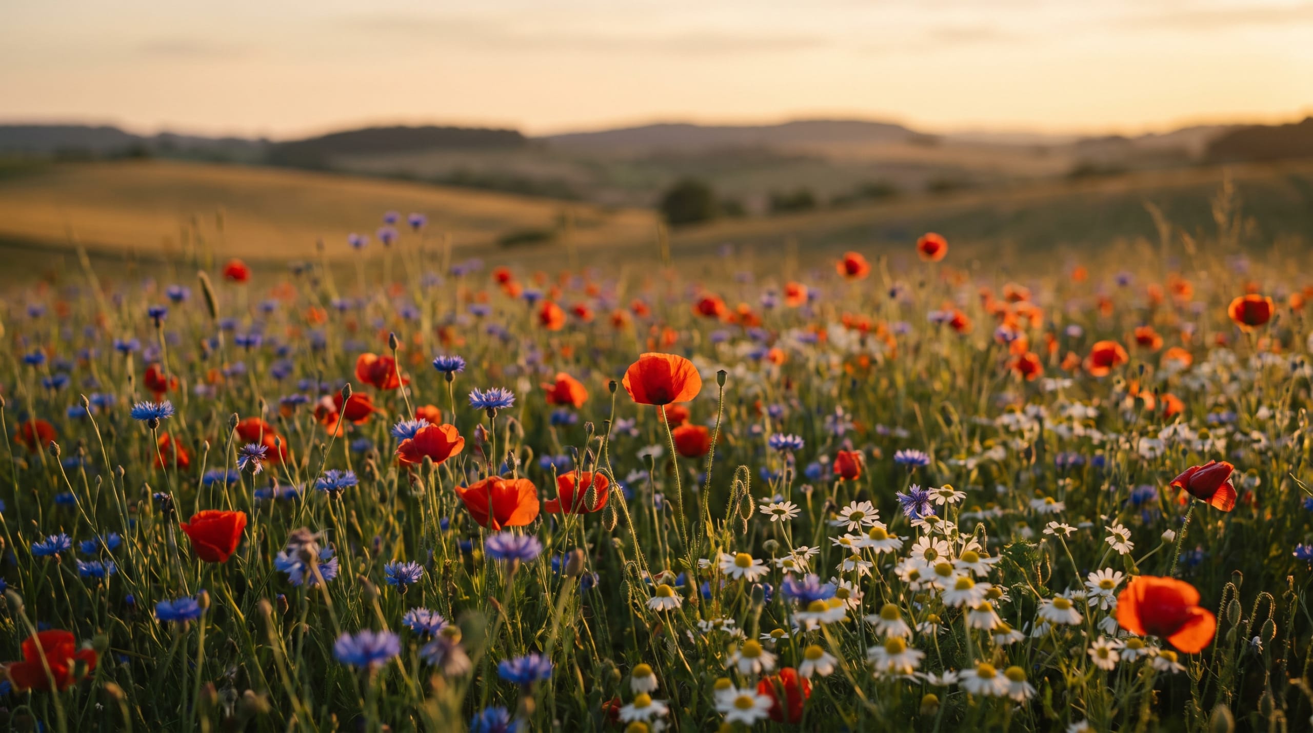 Meadow of red poppies and blue cornflowers under a soft summer sky