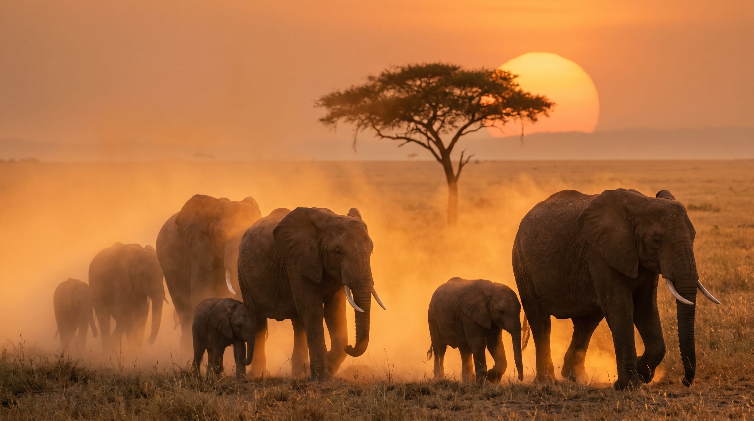 Herd of elephants walking through golden dust on the savanna at sunset