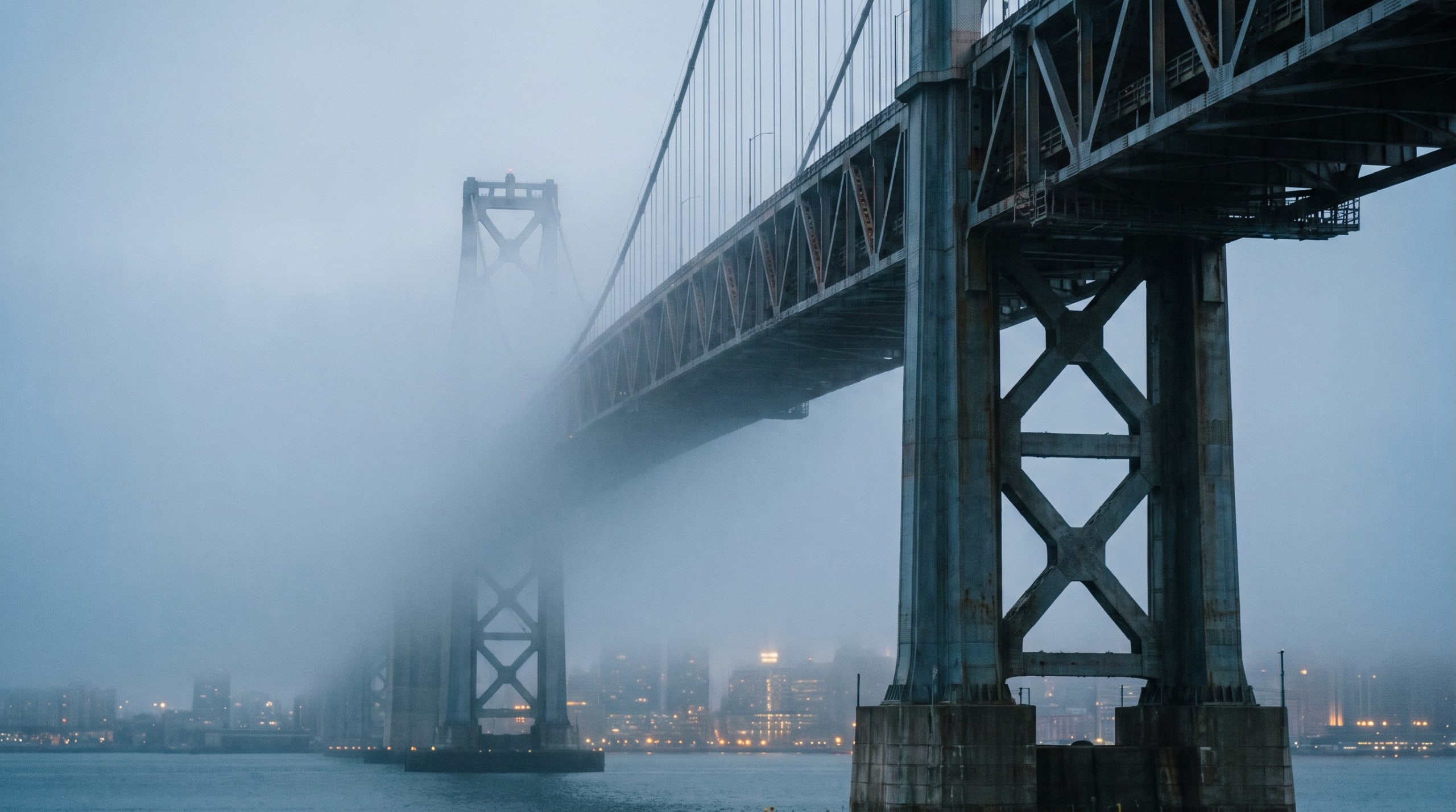 Suspension bridge towers emerging from thick rolling fog