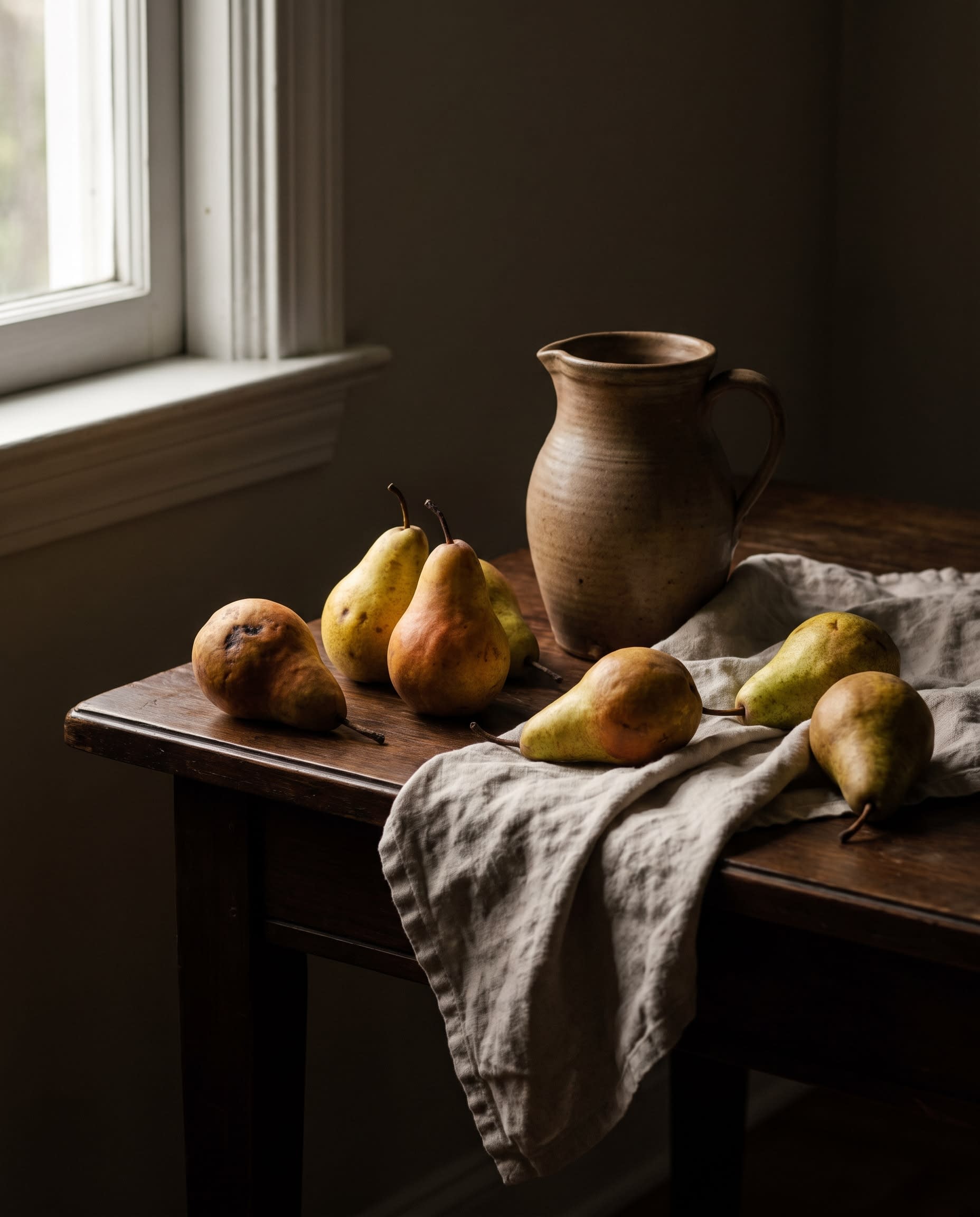 Painterly still life of pears and a ceramic jug in dramatic low light