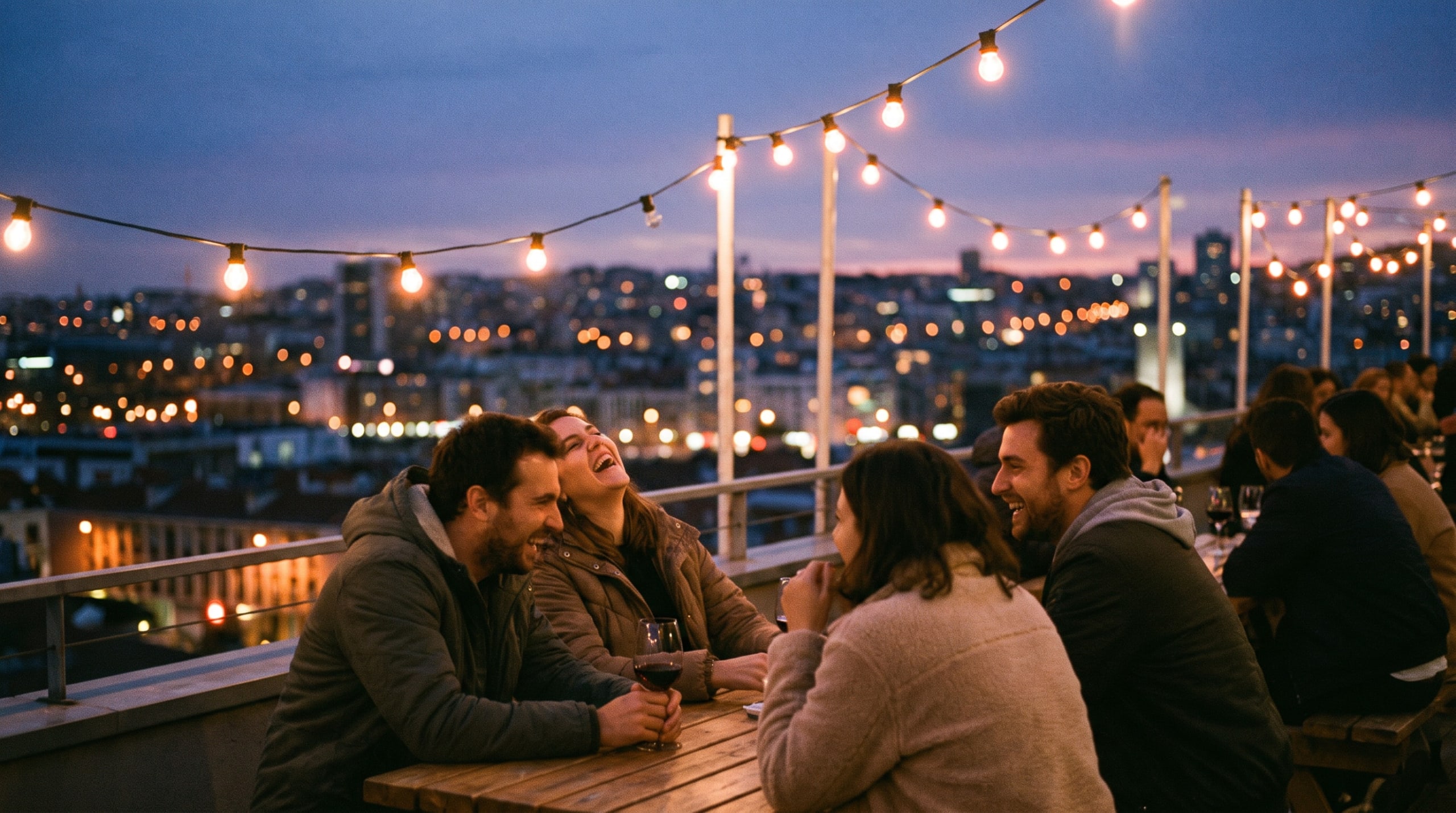 Group of friends talking on a rooftop terrace at dusk with city lights