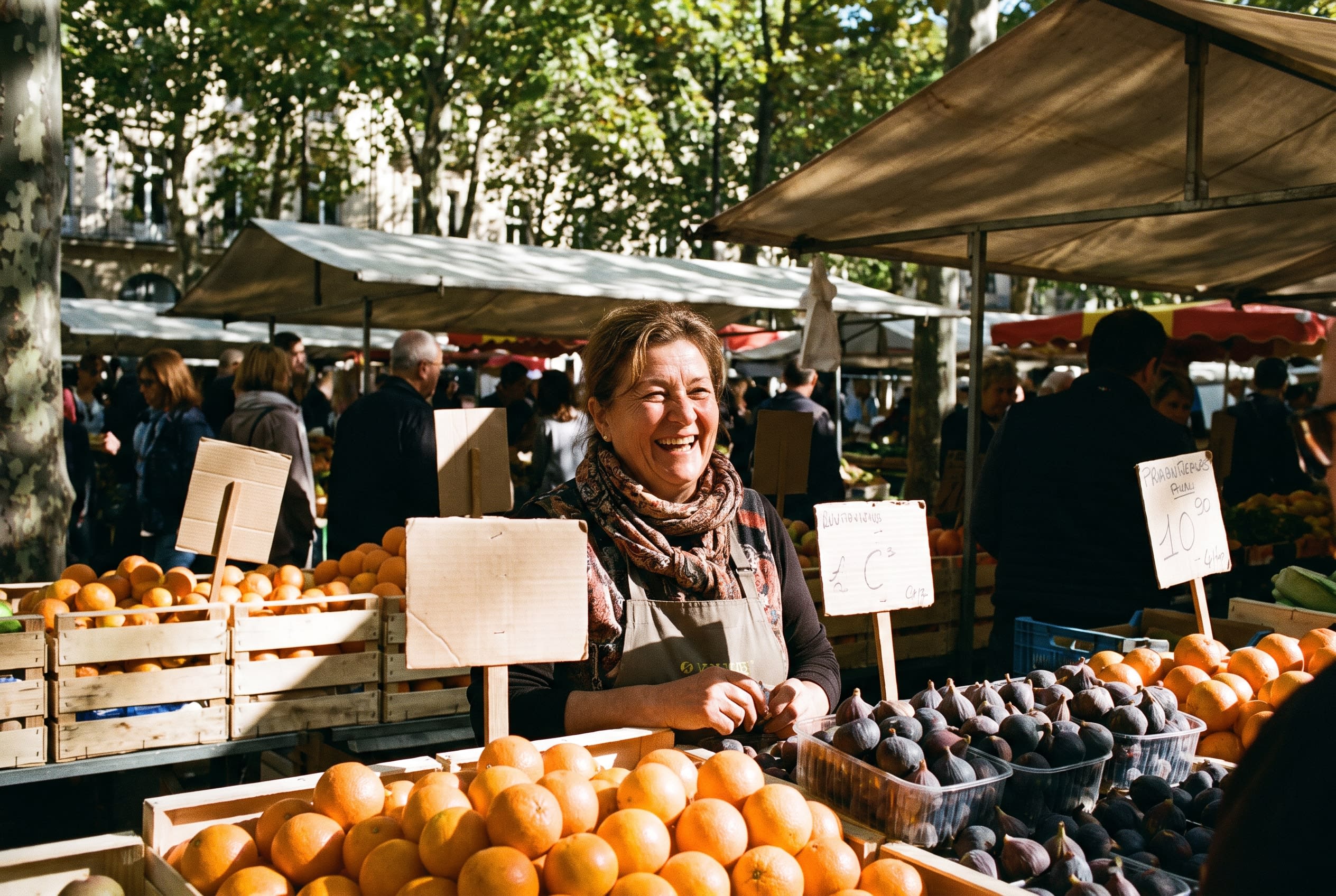 Smiling woman selling fruit at a colourful market stall