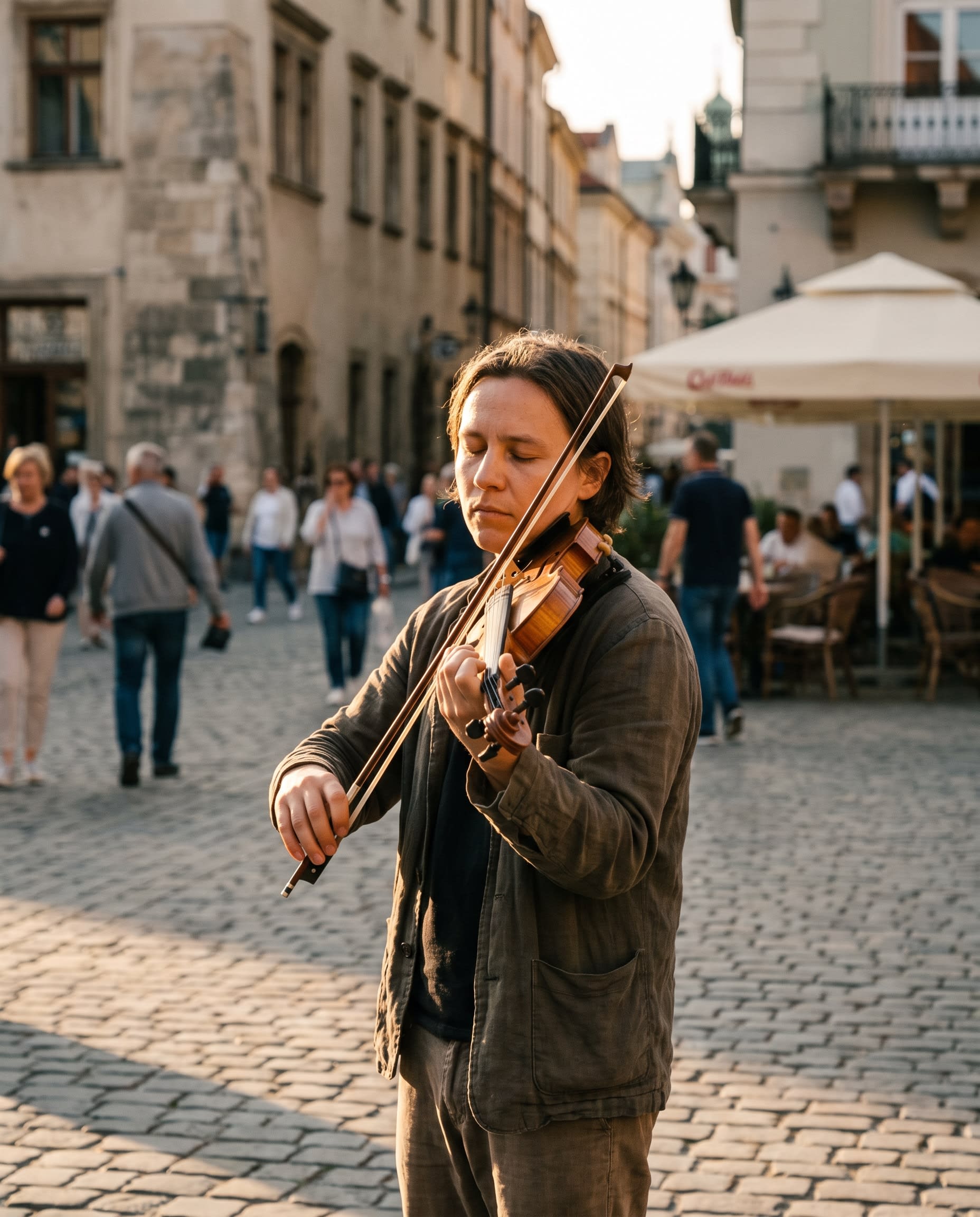 Violinist playing in an old town square at golden hour