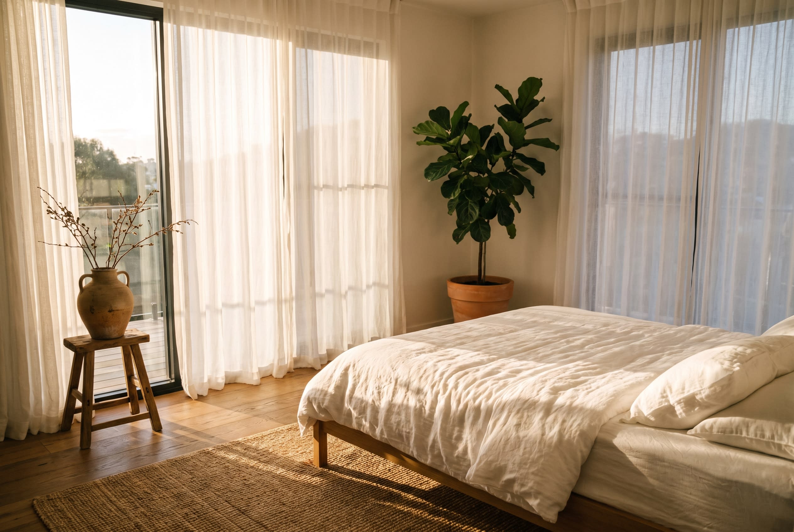 Bright bedroom with linen bedding and large windows in morning light