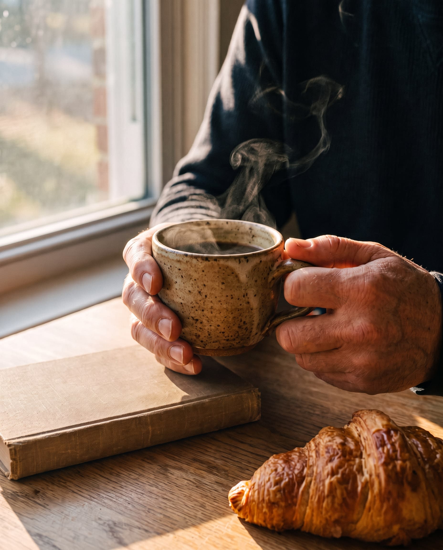 Hands holding a ceramic coffee cup by a sunlit window