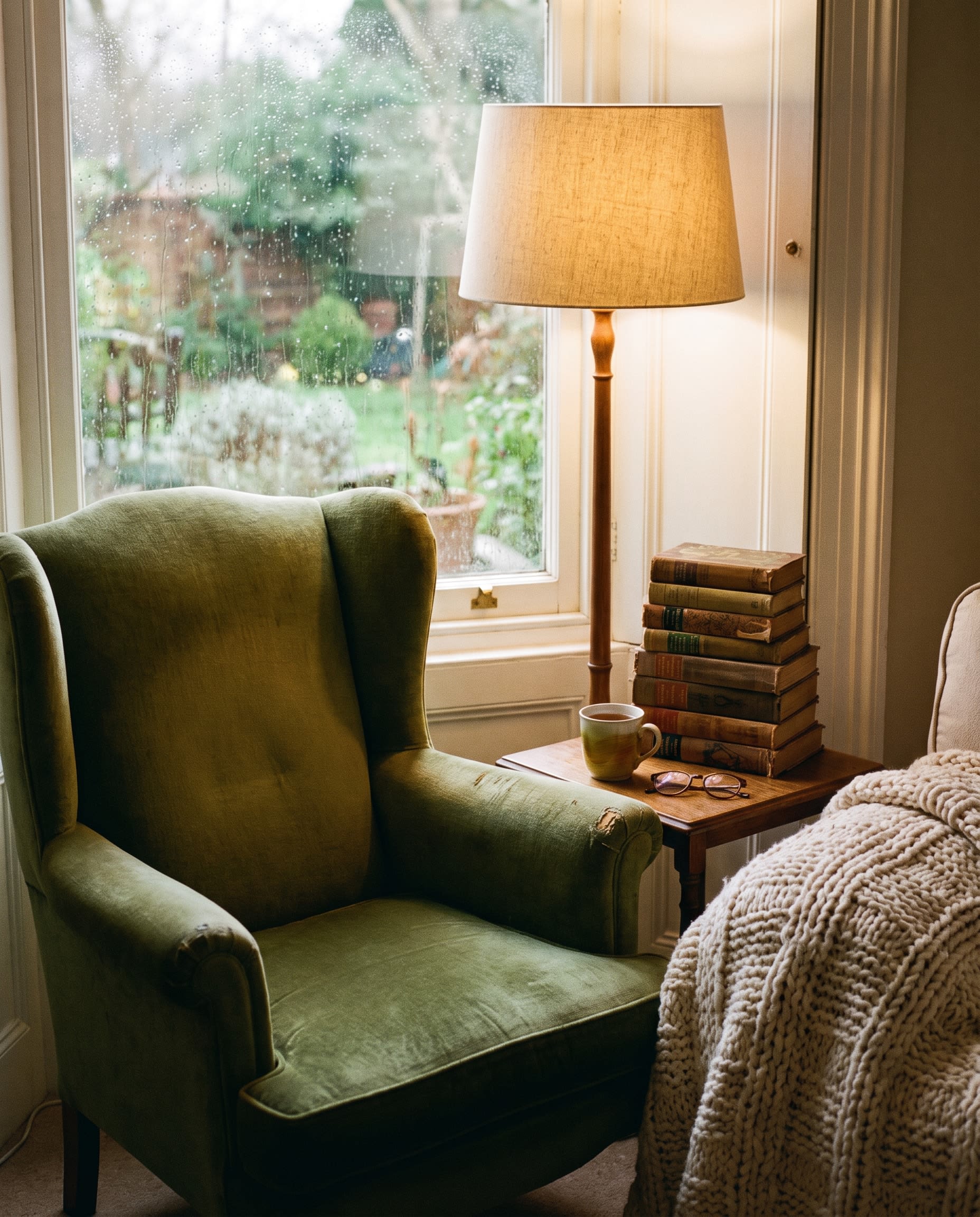 Cosy armchair with a blanket and stacked books by a rainy window