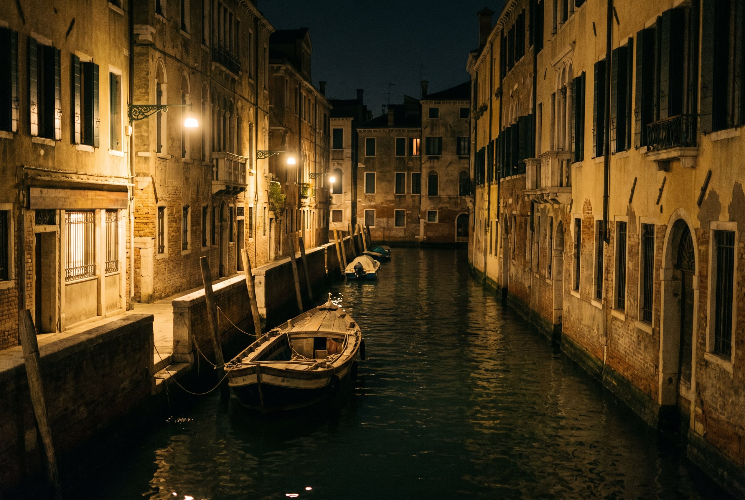 Narrow canal at night lit by warm street lamps reflecting on water
