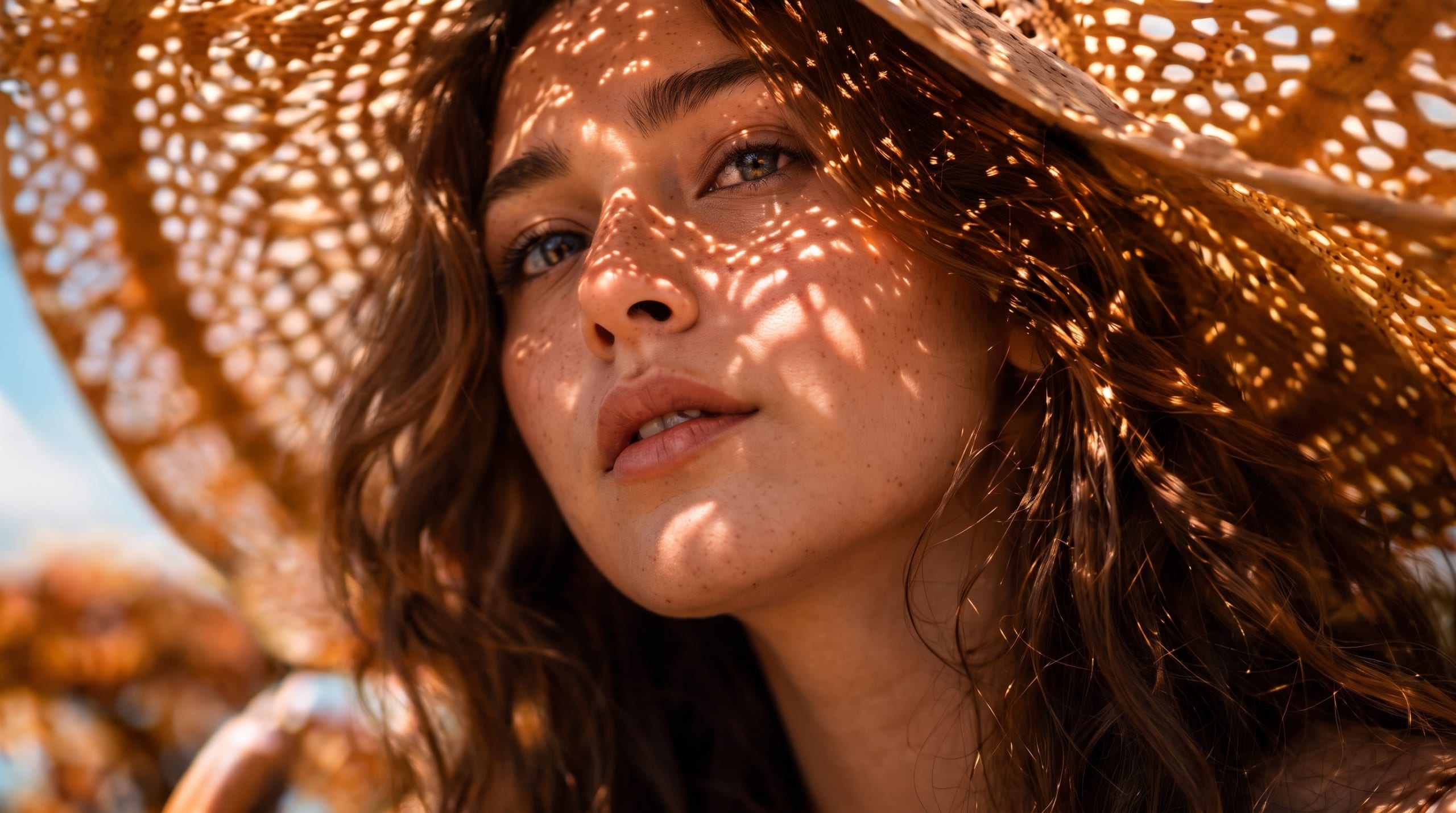 Woman in a woven straw hat with dappled sunlight across her face and freckles