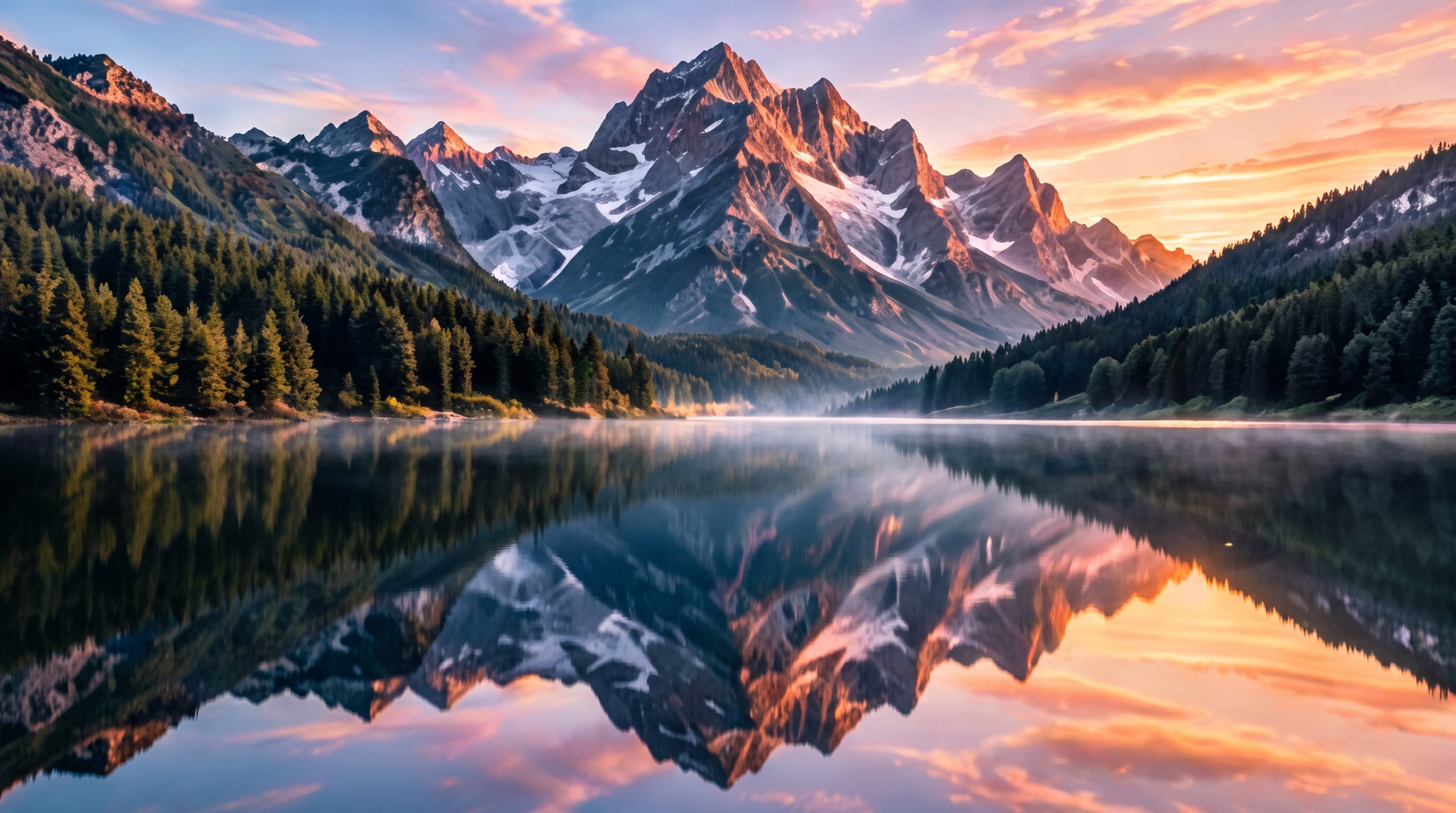 Alpine lake reflecting snowy mountain peaks at sunrise with pine forests on both shores