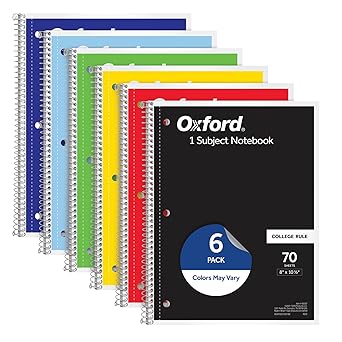 Oxford Spiral NotebooK, 1 Subject, College Ruled Paper, 8 x 10-1/2 Inch, Color Assortment Design May Vary (65007)