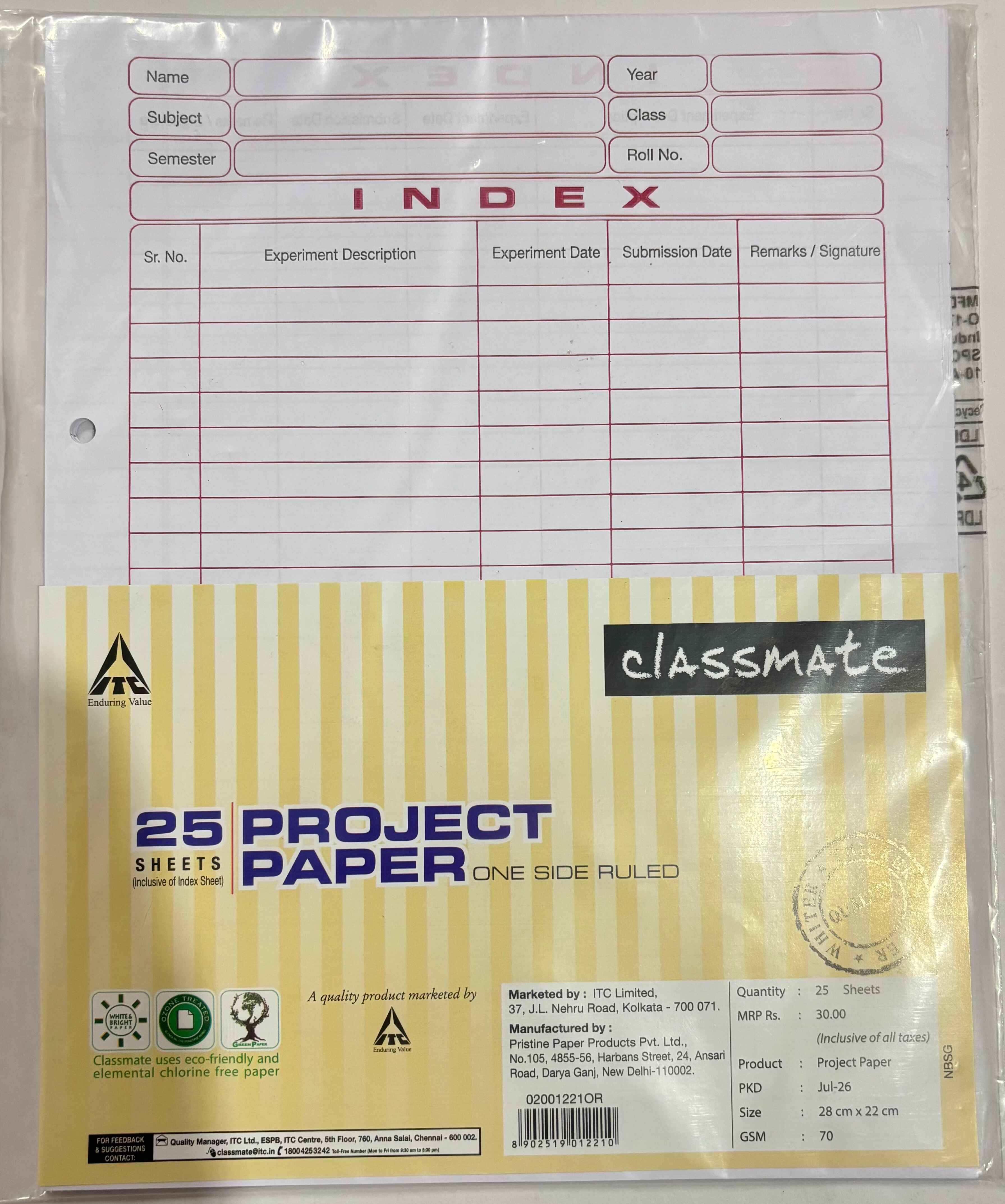 Classmate Assignment Sheet | Size 28×22 cm | Pack of 25 Sheets
