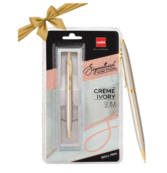 Cello Signature Creme Ivory Slim Ball Pen | Blue Pen | Ball Pen | Ivory and Gold Finish | Premium Metal Pens for Office Use | Stylish Gifts for Men and Women