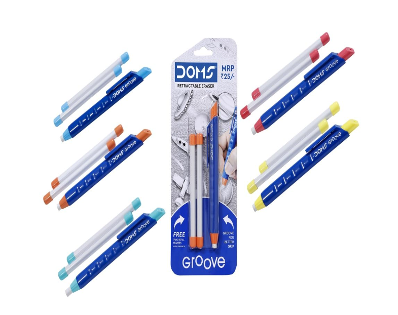 Doms Groove Eraser | Groove For Better Grip With Excellent Erasing Performance | Free 2 Refill Eraser With This Pack