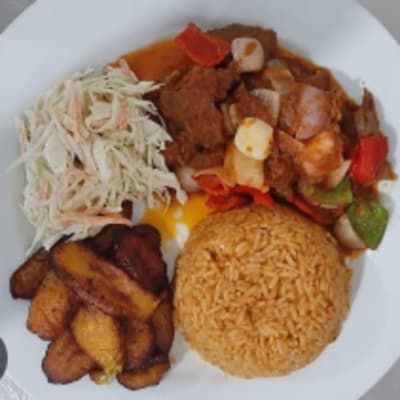 Jollof Rice, Plantain & Goat Meat