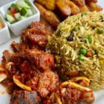 Coconut Rice, Plantain & Goat Meat