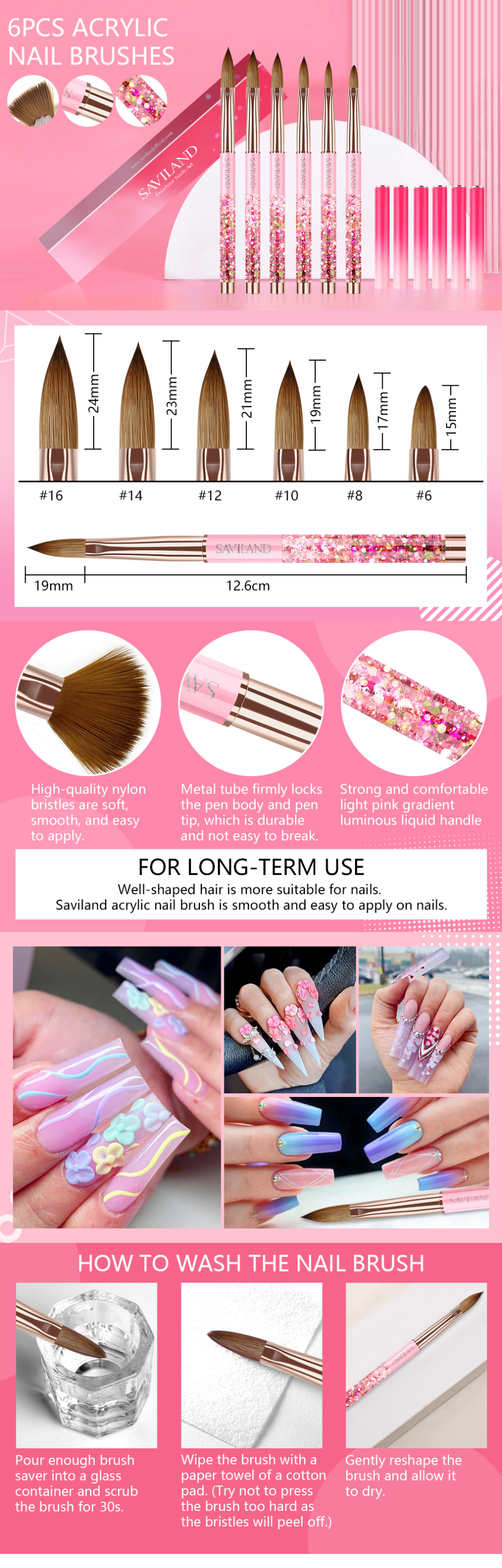 Saviland 6pcs Acrylic Nail Brushes Set - Profession Nail Art Brush for Acrylic Powder Application (Size #4#6#8#10#12#14), Size: 4/6/8/10/12/14, Brown