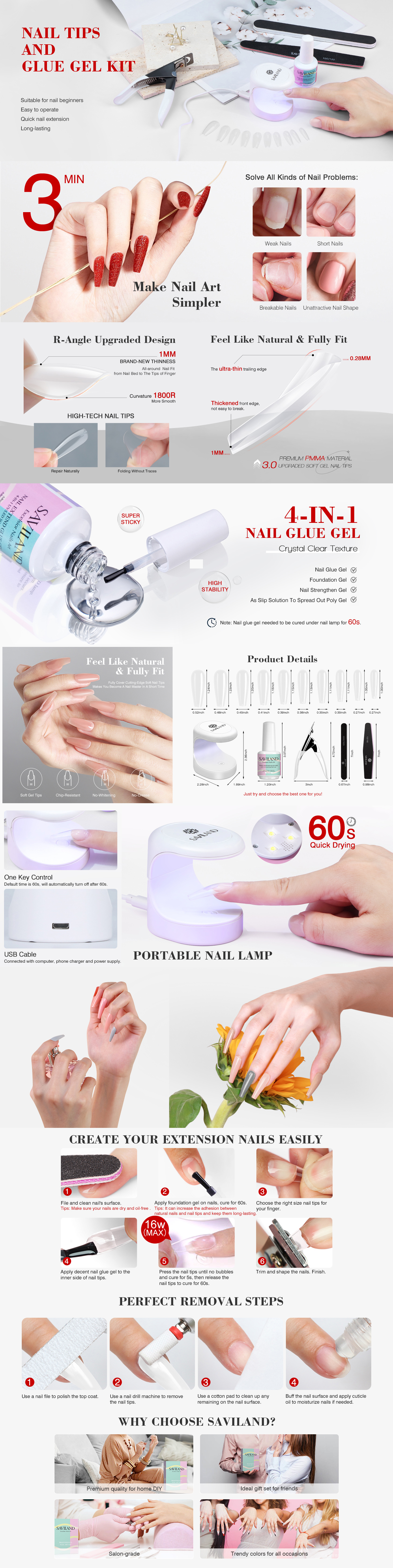 Saviland Nail Tip and Glue Gel Kit - Gel x Nail Kit with 500PCS Full Cover  Long Coffin Soft Gel Nail Tips, Nail Glue Gel, Handheld Nail Lamp, Nail  Clipper for Acrylic