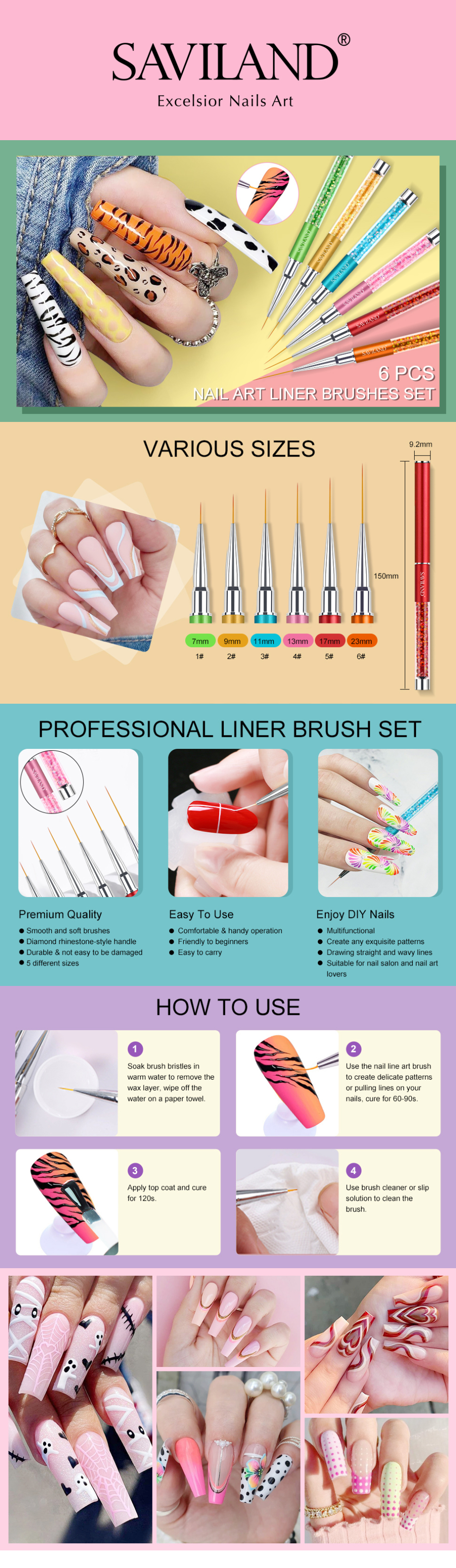 Saviland 6Pcs Nail Art Liner Brushes Kit -Multifunctional Detail Thin Gel  Nail Polish Brush Painting for Pulling Lines 