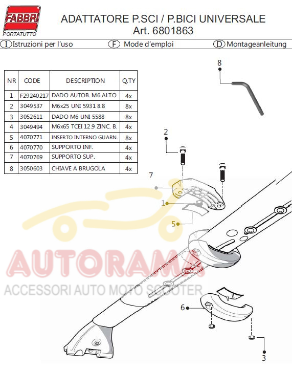 Adattatore Barre 60×30 max per Portasci Aluski&Board Universale Fabbri