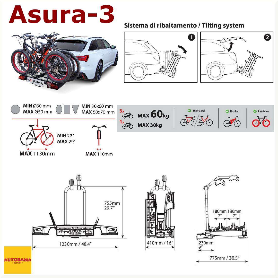 Asura 3 Portabiciclette per Gancio Traino Nordrive – 3 bici