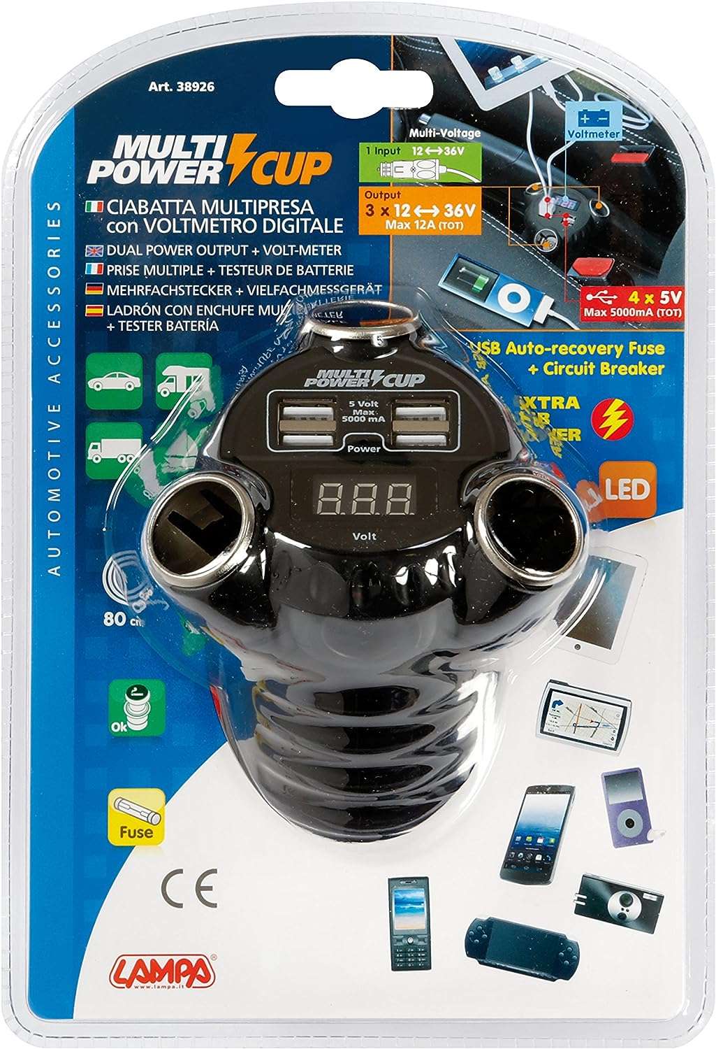 Multi-Power Cup, 3 prese accendisigari + 4 USB e voltmetro, 12/24/36V