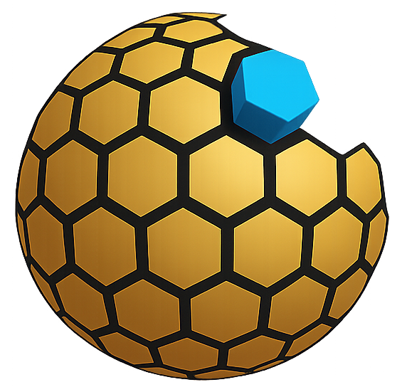 The Inquiring Rita logo. It features a sphere of gold hexagons with blue one protruding out.