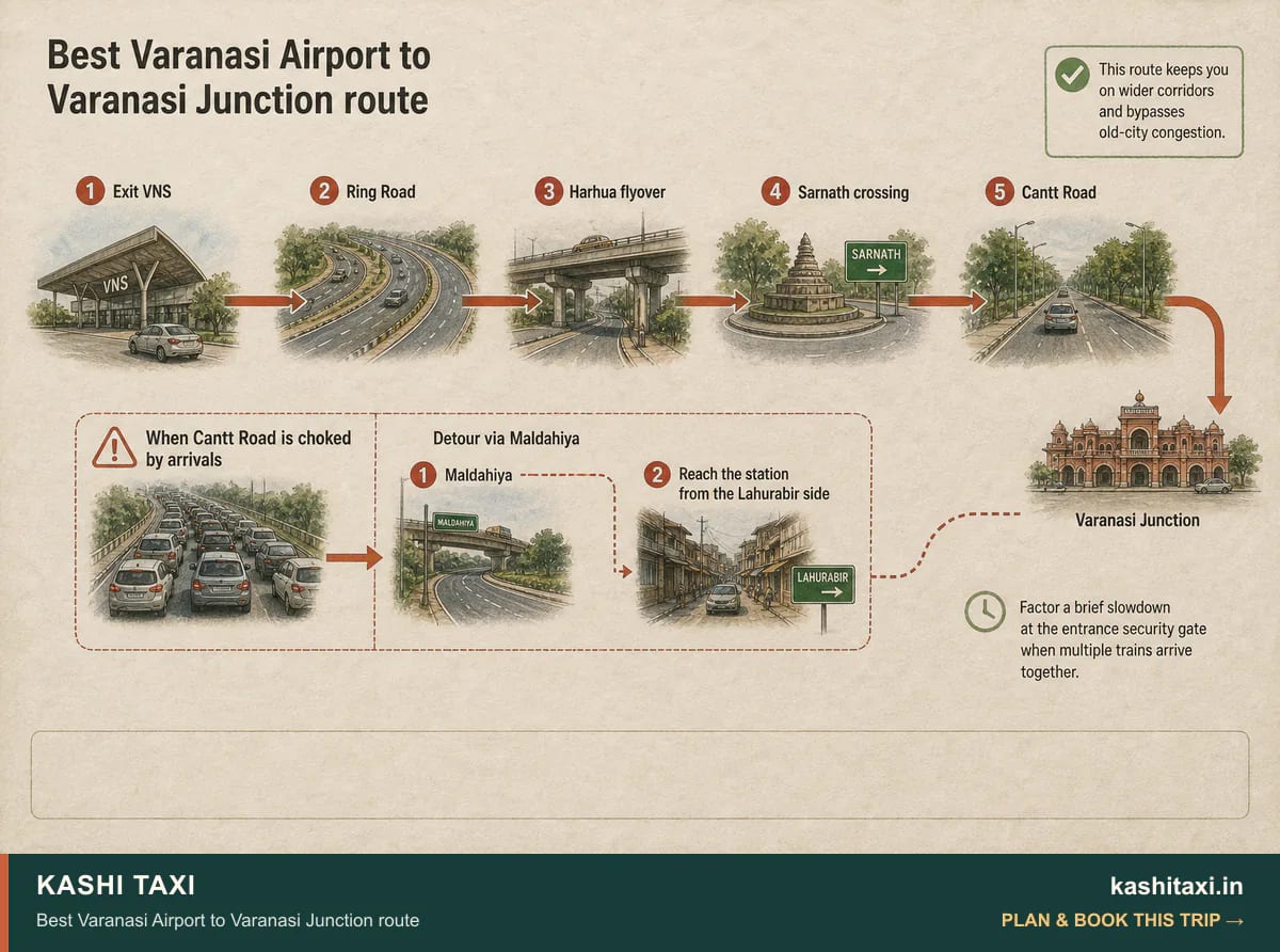 Best Varanasi Airport to Varanasi Junction route — visual field guide by Kashi Taxi
