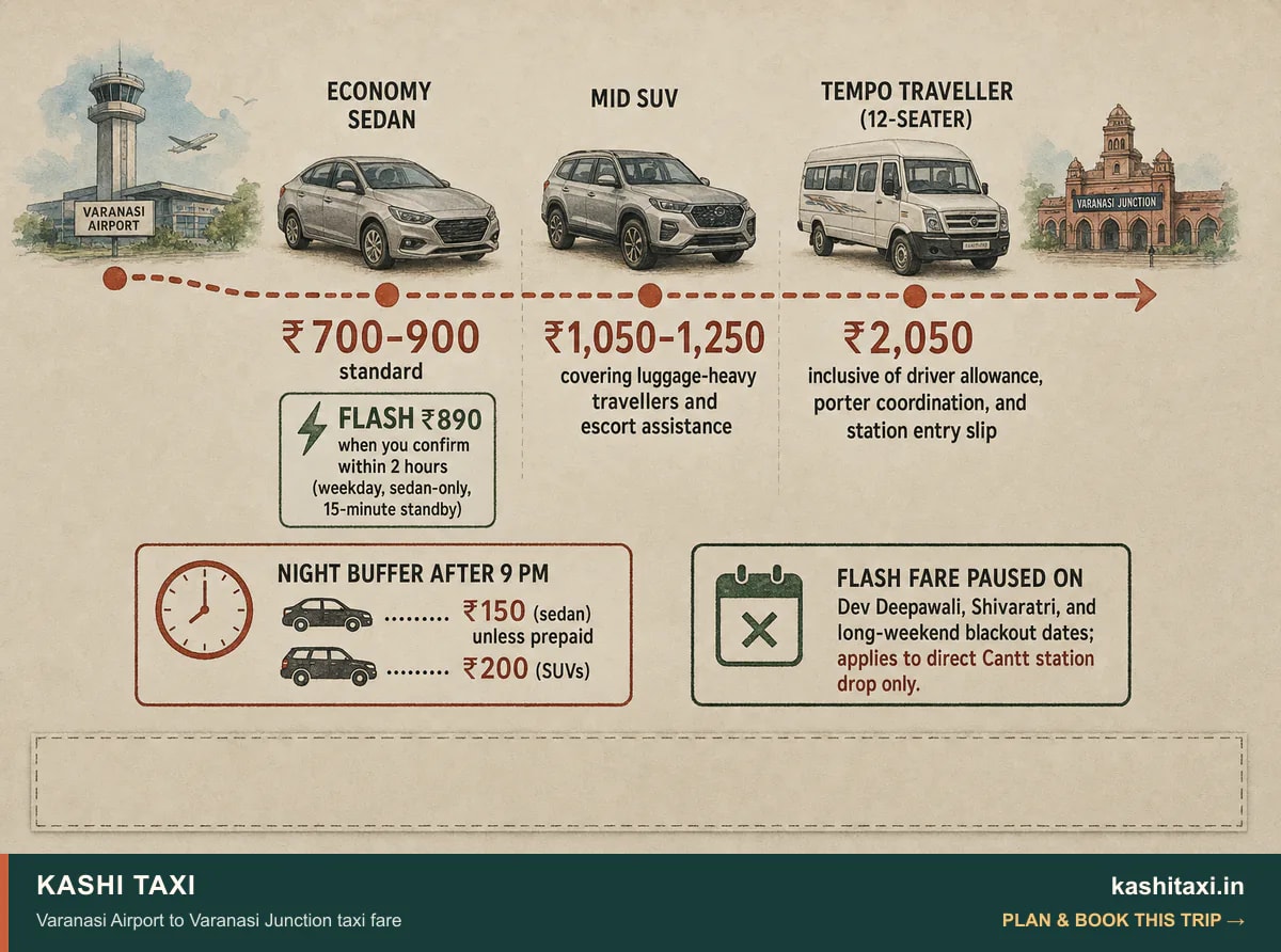 Varanasi Airport to Varanasi Junction taxi fare — visual field guide by Kashi Taxi