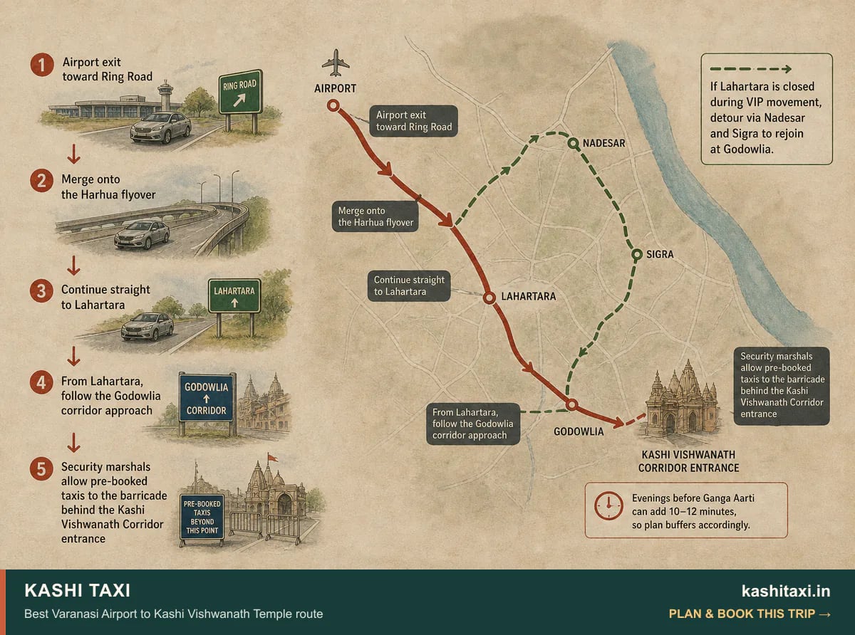 Best Varanasi Airport to Kashi Vishwanath Temple route — visual field guide by Kashi Taxi