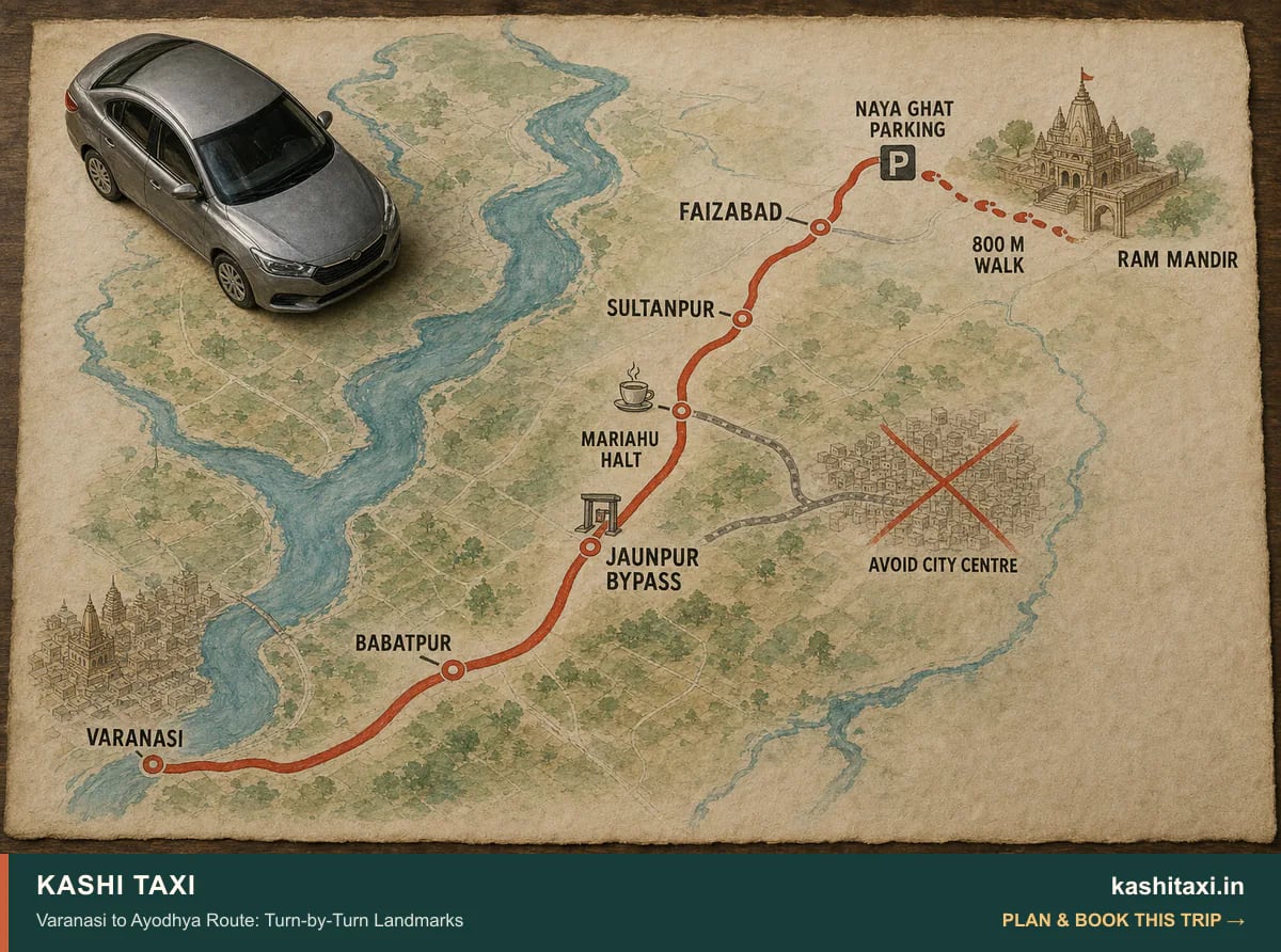 Varanasi to Ayodhya Route: Turn-by-Turn Landmarks — visual field guide by Kashi Taxi