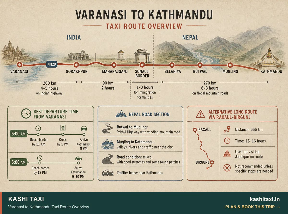 Varanasi to Kathmandu Taxi Route Overview — visual field guide by Kashi Taxi