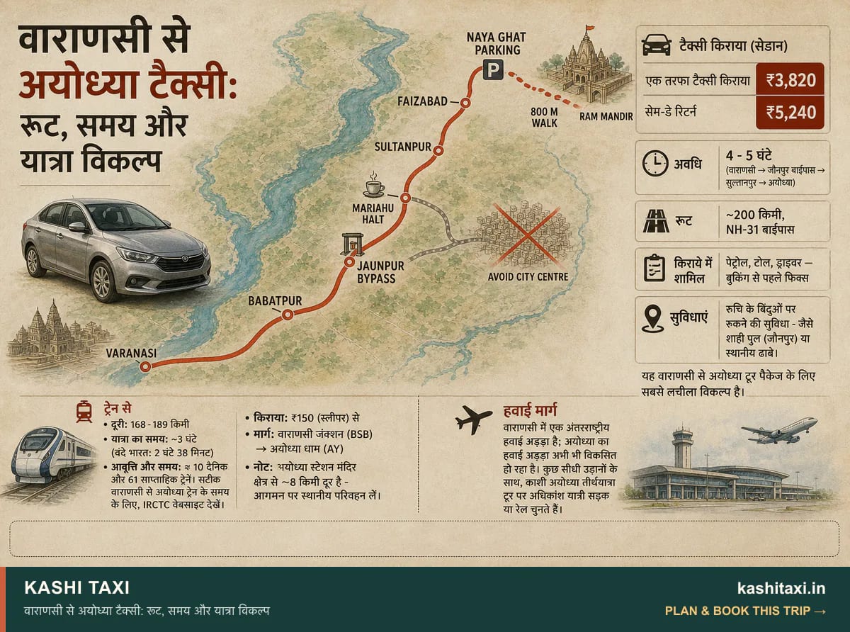 वाराणसी से अयोध्या टैक्सी: रूट, समय और यात्रा विकल्प — visual field guide by Kashi Taxi
